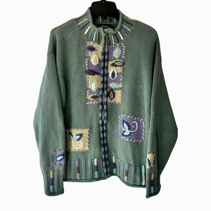 Icelandic Design VTG Heavy Knit Embroidered Floral Full Zip Sweater Jacket EUC L
